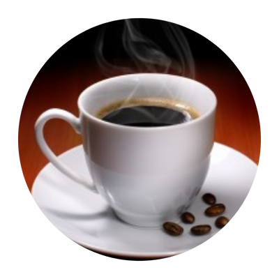 Steaming cup of coffee on a dish with coffee beans, in front of a red background.